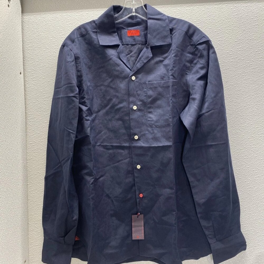Isaia Men’s Broadcloth Camp Collar Button-Up Dress Shirt – Navy Blue  Size 41/16